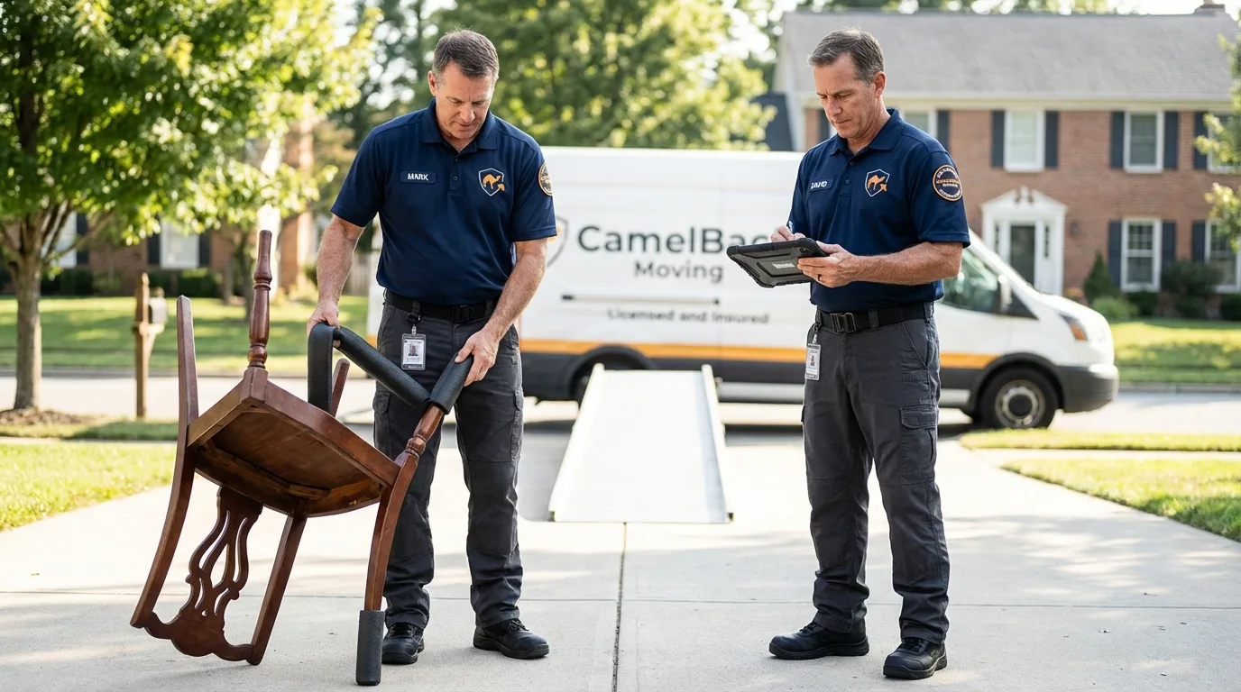 Movers inspecting furniture for damage prevention before loading in Dana Point, CA