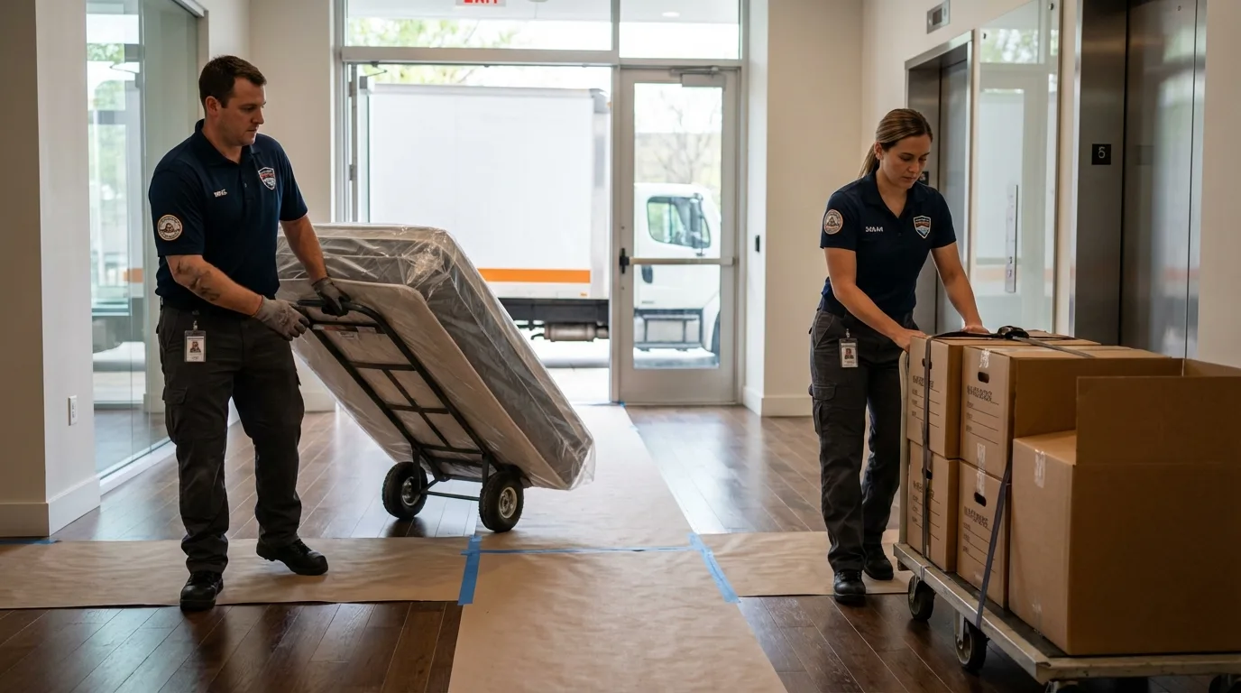 Professional apartment movers loading elevator in Dana Point, CA